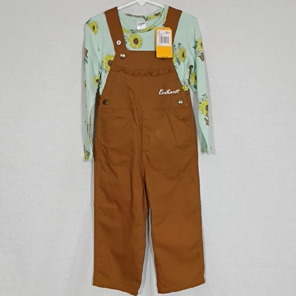 NWT Carhartt Long Sleeve Floral And Horse Print Top Canvas Overalls 2 Pc Size 3T